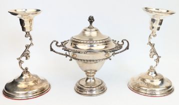 An Italian silver twin handled pot with cover, together with a pair of Italian silver