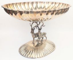 A Spanish silver centrepiece bowl, the stem in the form of a pair of stags, 800g, H.20cm L.31cm