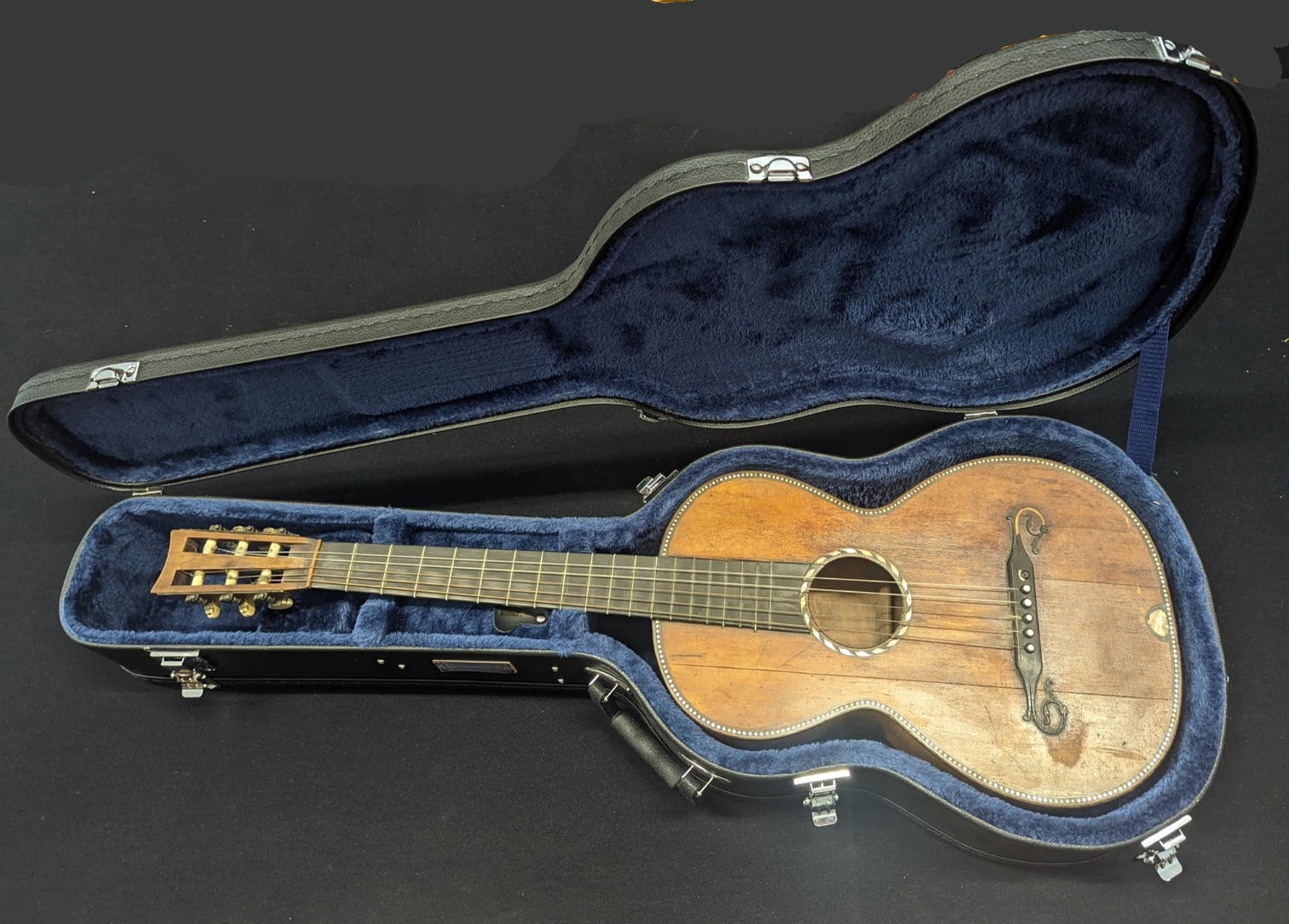 A 19th century guitar, possibly a Rene Lacote, inlaid with mother of pearl, with contemporary hard - Image 5 of 9