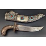 A Sino-Tibetan white metal mounted dagger set with turquoise and agate, Tibet or China, L.33cm