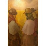 South American School, Three ladies, oil on canvas, indistinctly signed lower right