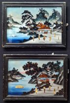 Two Chinese reverse glass paintings with collage, mother of pearl inlay, each 40cm x 60cm