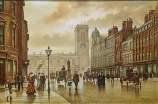 Steven Scholes (b.1952), St.Anne's Square, Manchester, oil on canvas, signed lower right, H.60cm