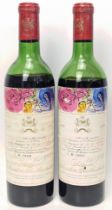 Two bottles of Chateau Mouton Rothschild, 1970, numbered bottles, Marc Chagall artwork labels