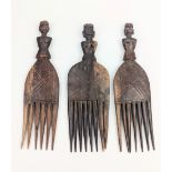 Three 19th century Kwere Zaramo carved wooden female figure (Mwana Hiti) tribal hair combs,