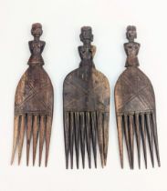 Three 19th century Kwere Zaramo carved wooden female figure (Mwana Hiti) tribal hair combs,