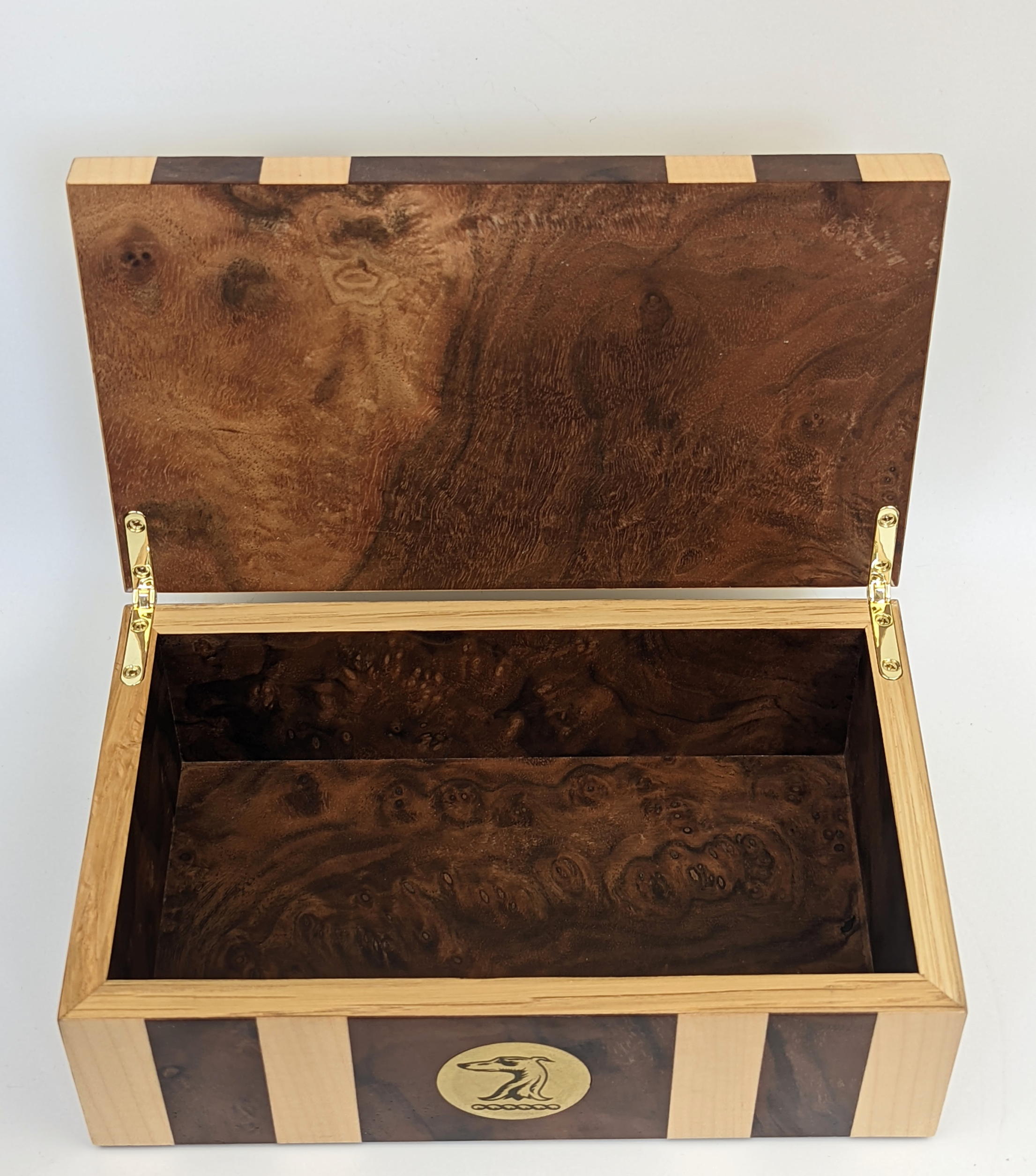 A Connaught (Hotel) cigar exchange box, Deco style with burr walnut veneer, H.7cm L.20cm D.12cm - Image 5 of 5