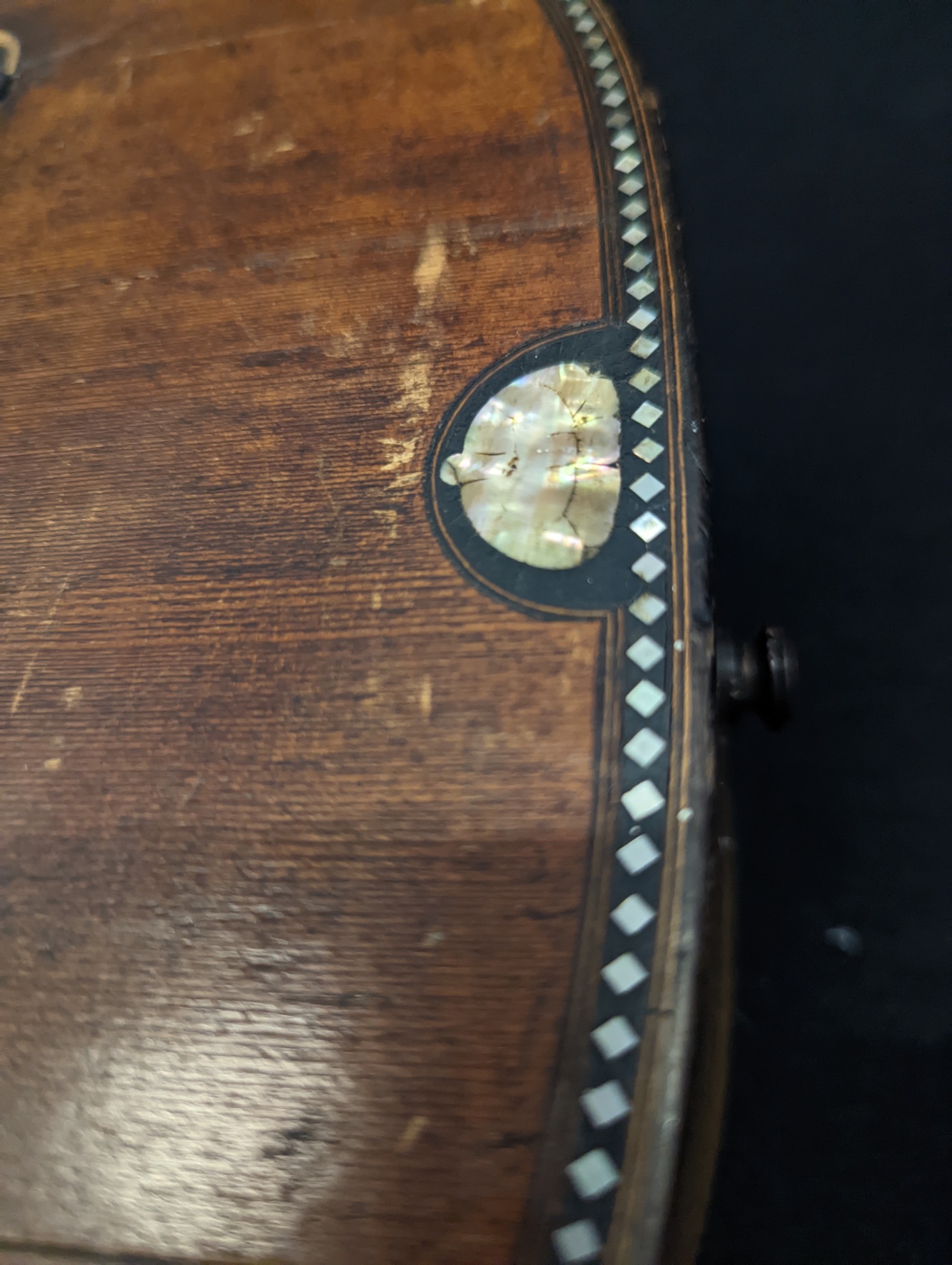 A 19th century guitar, possibly a Rene Lacote, inlaid with mother of pearl, with contemporary hard - Image 3 of 9