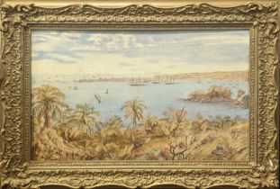 19th century Continental School, view of bay (possibly Naples), watercolour on paper laid on canvas,