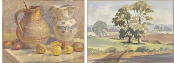 20th century Continental School, still life study of fruit and jugs, oil on canvas, H.50.5cm W.61cm,