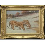 G.Puice (Late 19th century Continental School) Tigers, oil on canvas, signed lower right, H.34cm W.