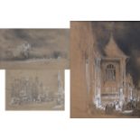 19th century Continental School, three French town scenes, pencil drawings heightened with