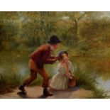 William Hemsley (British, 1819-1893), boy and girl fishing, oil on canvas, H.45cm W.36cm