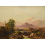 Joseph Horlor (British, 1809-1887), Welsh landscape scene with a river crossing and mountains to the