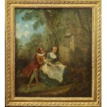 18th century French School, two lovers in a garden, oil on board, inscription on label to verso, H.