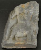 A fine 12th century or earlier Indian carved grey schist stone fragment depicting an elephant and