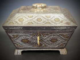 A fine 19th century North Indian Sialkot silver and gold inlaid Koftgari steel casket, H.19cm L.13cm