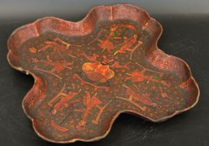 A fine 19th century North Indian Punjab or Kashmir lacquered paper mache tray, D.28cm