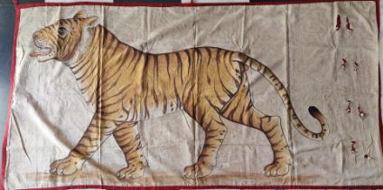 An early 20th century Mewar painting of a tiger on cloth, red backing L.190 cm W.98cm