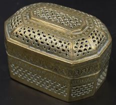 An 18th century Mughal Indian brass pandan box with Jali style open work decoration, L.12cm