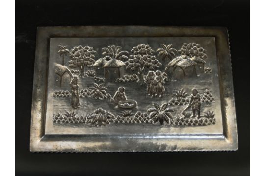 A large 19th century Indian Calcutta silver tray depicting village scenes, 21cm x 31cm - Image 3 of 3