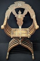 A Syrian folding chair, carved detail with mother of pearl inlay
