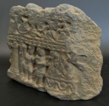 A fine 12th century or earlier Indian carved grey schist stone fragment depicting two men by a