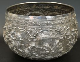 A fine large 19th century Burmese silver bowl with repouse decoration, H.15cm D.21cm