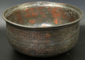 A fine 17- 18th century North Indian engraved tinned copper bowl, D.20cm