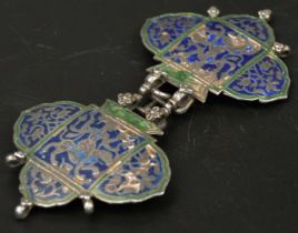 A fine 19th century Indian possibly Lucknow enamelled silver belt buckle, L.13cm