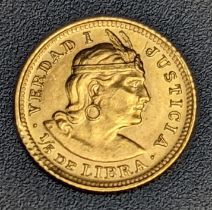 A Peruvian 1/5 gold Libra coin, 22ct, 1.6g, diameter 1.5cm