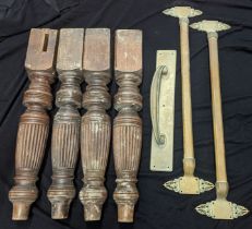 A collection of Nouveau door handles, knockers,chest with keys and table legs