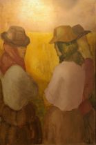 South American School, Three ladies, oil on canvas, indistinctly signed lower right, H.80cm W.64cm