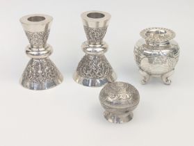 Alex & Co. of Bangkok sterling silver candlesticks, together with a Japanese silver pot and a silver