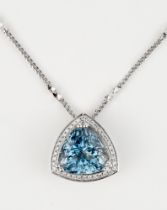 An aquamarine and white gold pendant, 5.76cts trillion cut, mounted on 18ct white gold with small VS