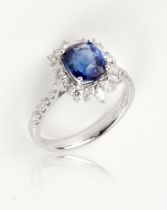 A sapphire and diamond ring, 2.67cts natural Sri Lankan, mounted on 18ct white gold with VS