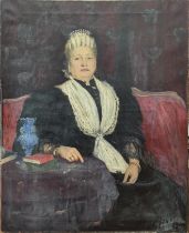 19th century Continental School, portrait of a seated lady, oil on canvas, H.127cm W.101cm