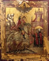 20th century Russian Orthodox icon depicting St.George slaying the dragon, tempura with gilt on