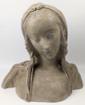 In the manner of Alfred Auguste Janniot, a bust sculpture of a maiden, chalk, H.32cm