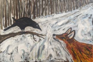 Wolf Howard (British, b.1968), Fox and Crow, oil on canvas, signed, H.61cm W.91.5cm