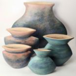 Loretta Braganza, 5 studio pottery vases, each signed, largest H.34cm, smallest H.15cm