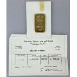 Goldbarren 100 Gramm bez. "ARGOR S.A. CHIASSO 1000 ESSAYEUR FONDEUR", Nr. 4098 von 1960