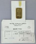 Goldbarren 100 Gramm bez. "ARGOR S.A. CHIASSO 1000 ESSAYEUR FONDEUR", Nr. 4098 von 1960