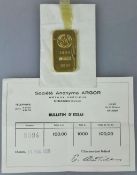 Goldbarren 100 Gramm bez. "ARGOR S.A. CHIASSO 1000 ESSAYEUR FONDEUR", Nr. 9094 von 1960