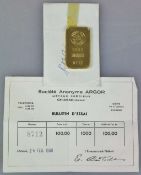 Goldbarren 100 Gramm bez. "ARGOR S.A. CHIASSO 1000 ESSAYEUR FONDEUR", Nr. 8712 von 1960