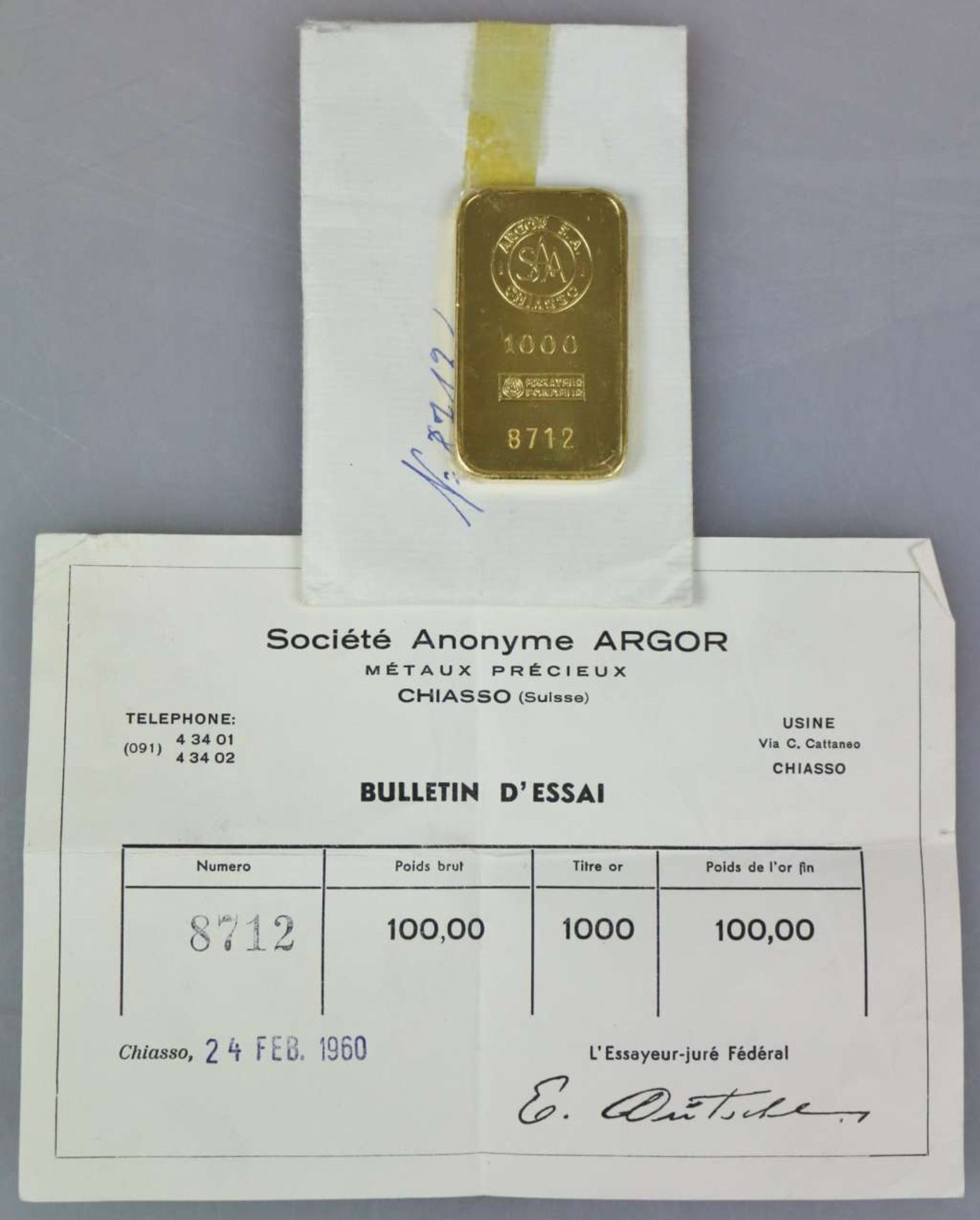 Goldbarren 100 Gramm bez. "ARGOR S.A. CHIASSO 1000 ESSAYEUR FONDEUR", Nr. 8712 von 1960