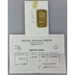Goldbarren 100 Gramm bez. "ARGOR S.A. CHIASSO 1000 ESSAYEUR FONDEUR", Nr. 2825 von 1961