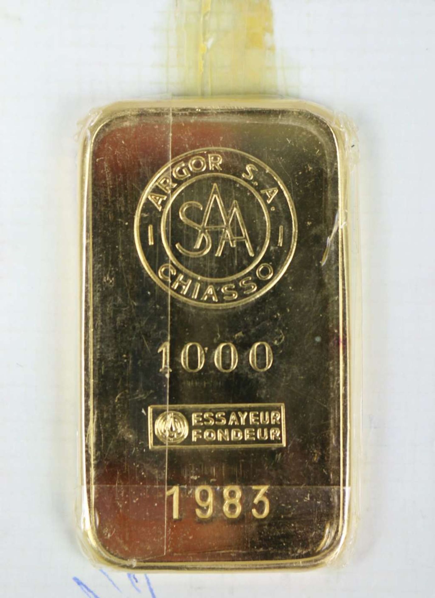 Goldbarren 100 Gramm bez. "ARGOR S.A. CHIASSO 1000 ESSAYEUR FONDEUR", Nr. 1983 von 1961 - Bild 2 aus 2