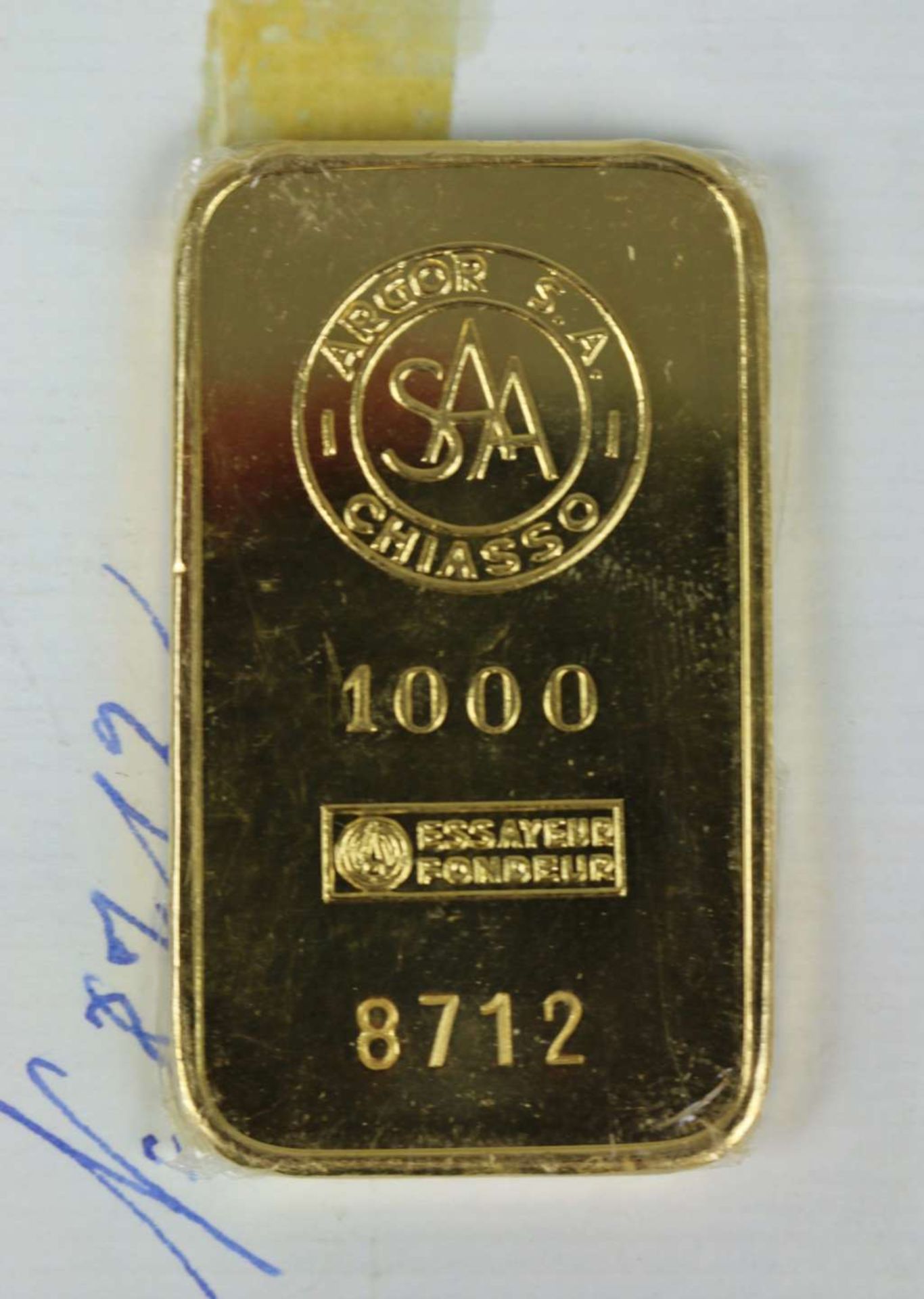 Goldbarren 100 Gramm bez. "ARGOR S.A. CHIASSO 1000 ESSAYEUR FONDEUR", Nr. 8712 von 1960 - Bild 2 aus 2