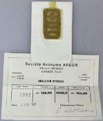 Goldbarren 100 Gramm bez. "ARGOR S.A. CHIASSO 1000 ESSAYEUR FONDEUR", Nr. 1983 von 1961